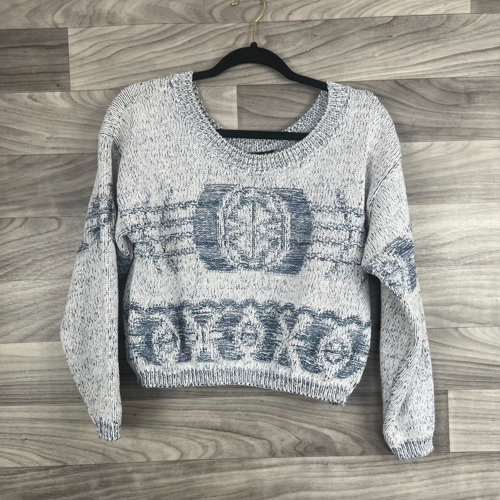 Vintage Flyer Sweater Womens Medium Blue Retro Pattern Knit Long Sleeve Pullover